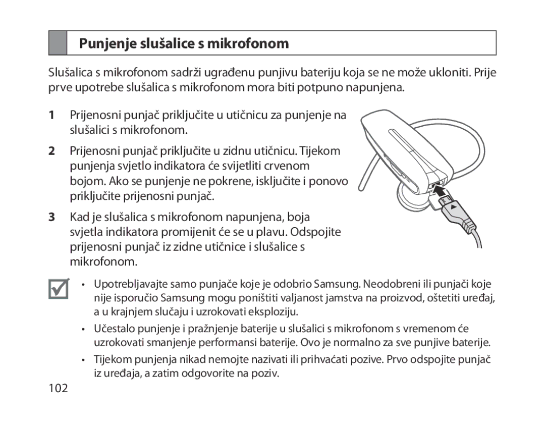 Samsung BHM1300EWEGXSG, BHM1300EKEGXEG, BHM1300EREGXEG, BHM1300EWEGXEG, BHM1300EBEGXEG manual Punjenje slušalice s mikrofonom 