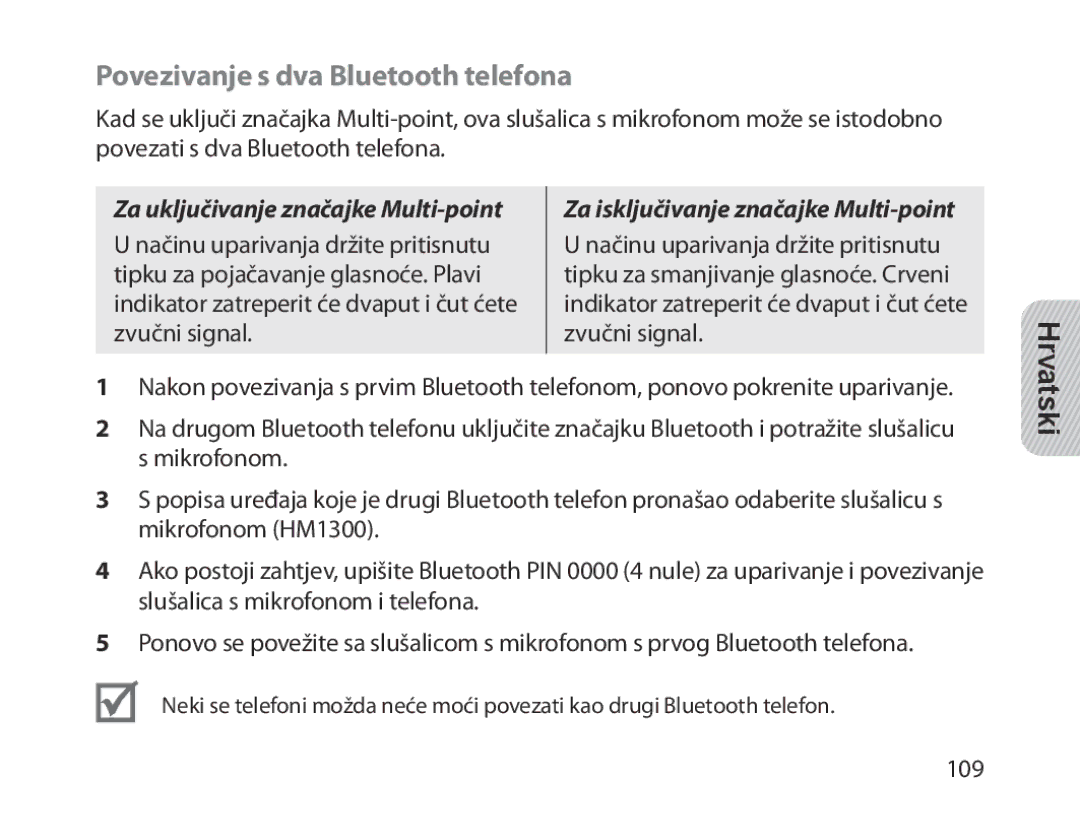 Samsung BHM1300EBEGXSG, BHM1300EKEGXEG manual Povezivanje s dva Bluetooth telefona, Za uključivanje značajke Multi-point 