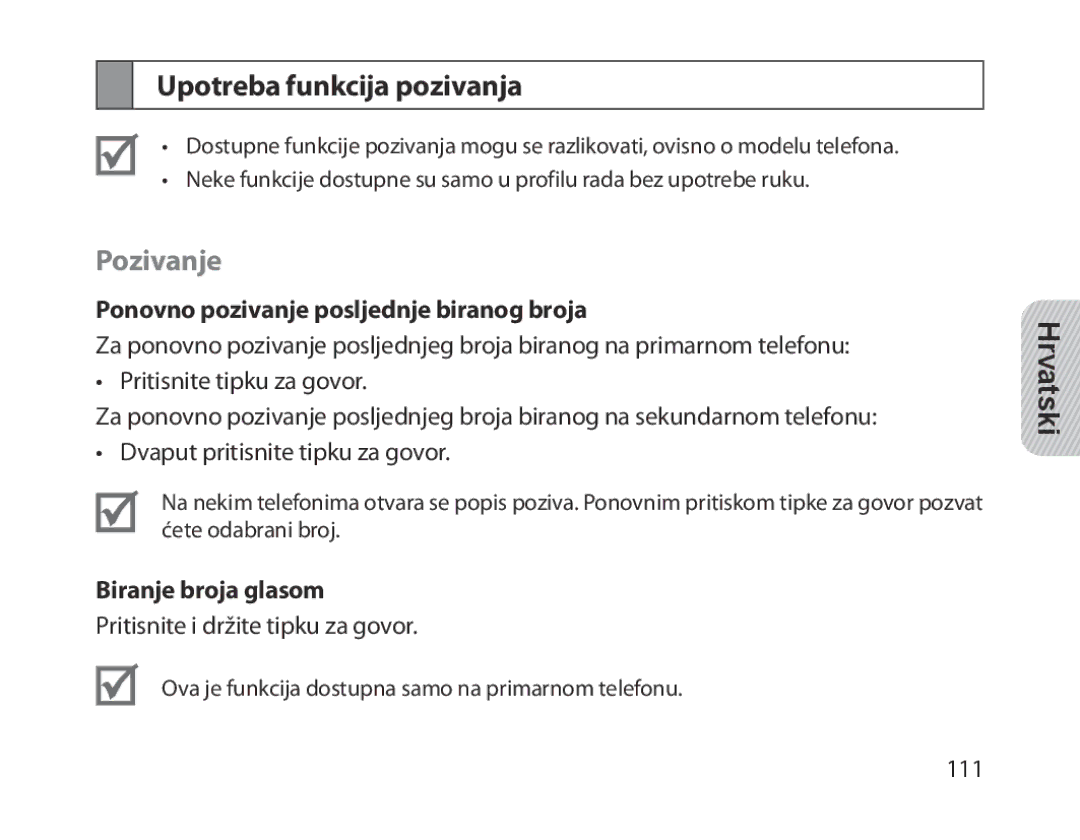 Samsung BHM1300EBEGXEV, BHM1300EKEGXEG manual Upotreba funkcija pozivanja, Ponovno pozivanje posljednje biranog broja 