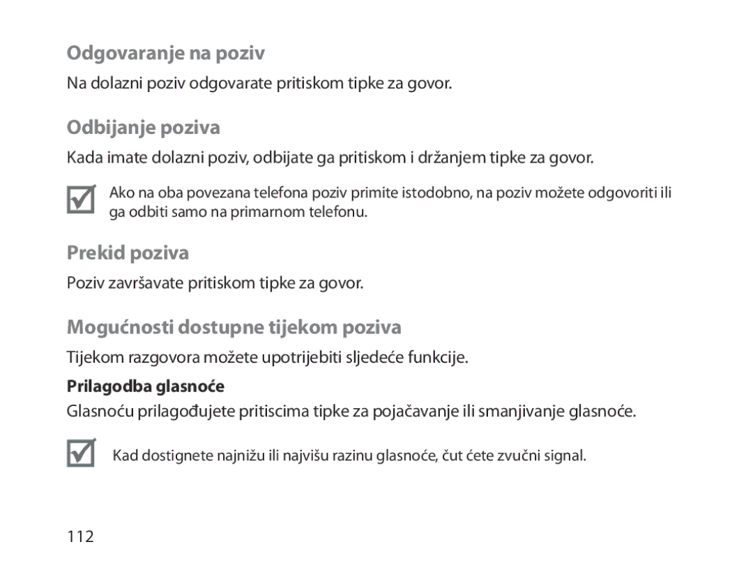 Samsung BHM1300EKEGXEE, BHM1300EKEGXEG manual Prekid poziva, Mogućnosti dostupne tijekom poziva, Prilagodba glasnoće 