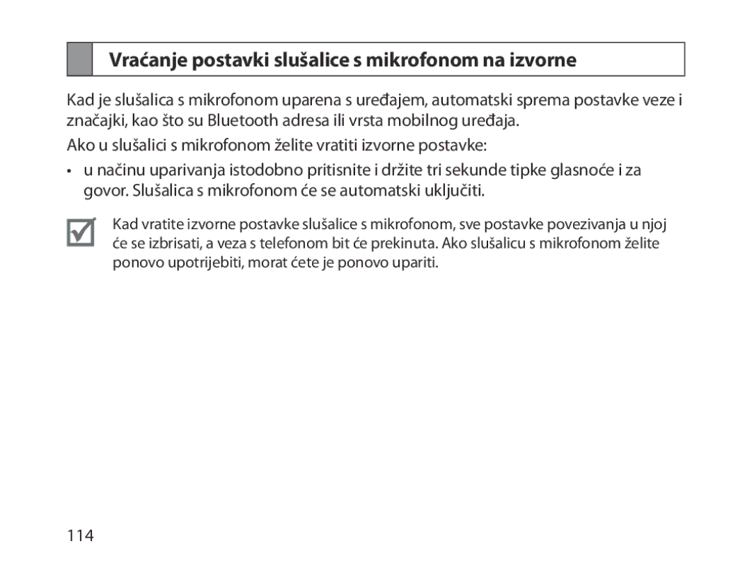 Samsung BHM1300EPEGXEE, BHM1300EKEGXEG, BHM1300EREGXEG, BHM1300EWEGXEG Vraćanje postavki slušalice s mikrofonom na izvorne 