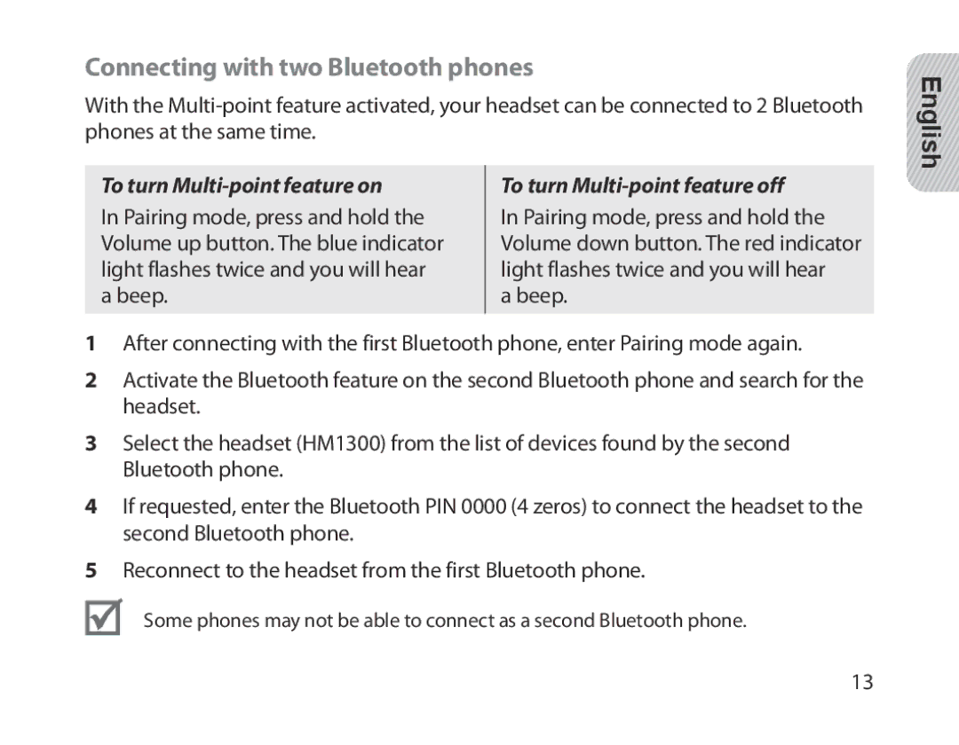 Samsung BHM1300EBEGXEE, BHM1300EKEGXEG, BHM1300EREGXEG, BHM1300EWEGXEG manual Connecting with two Bluetooth phones, English 