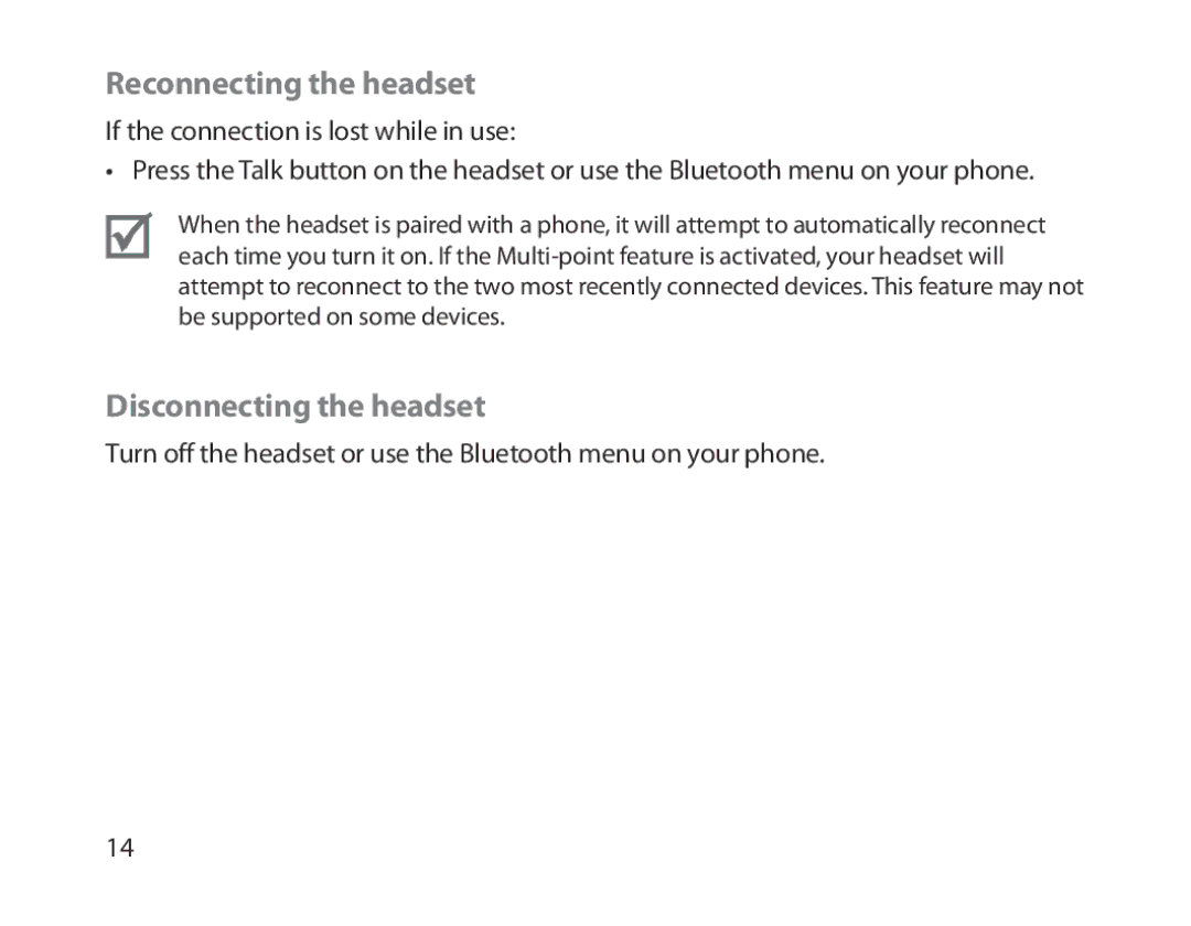 Samsung BHM1300EPEGXEE, BHM1300EKEGXEG, BHM1300EREGXEG, BHM1300EWEGXEG Reconnecting the headset, Disconnecting the headset 