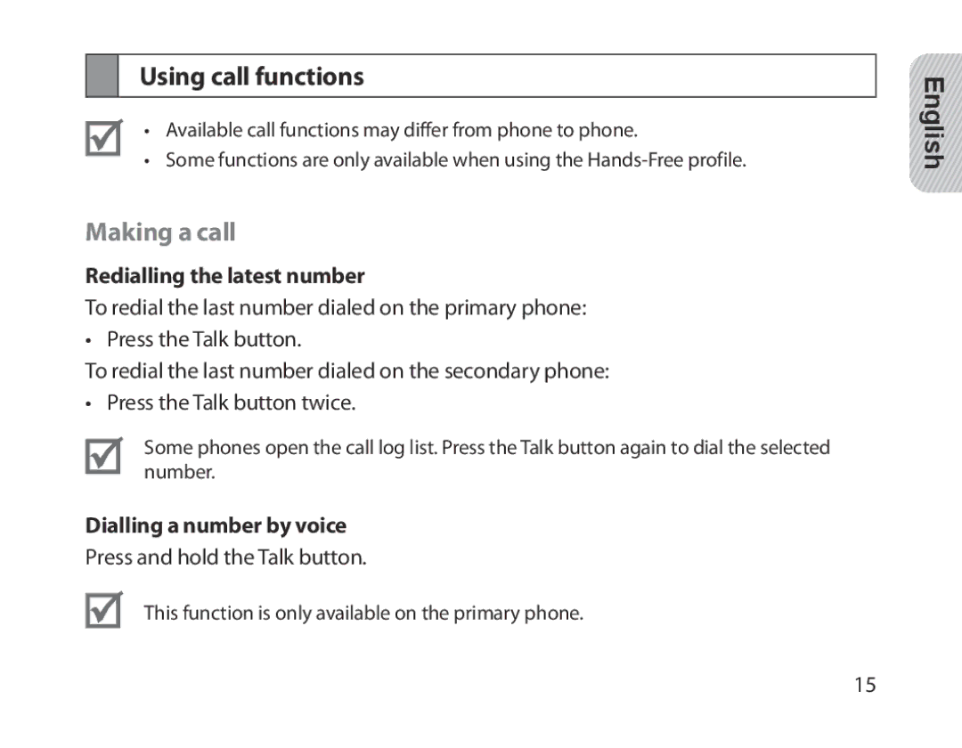 Samsung BHM1300EWEGXEE manual Using call functions, Making a call, Redialling the latest number, Dialling a number by voice 