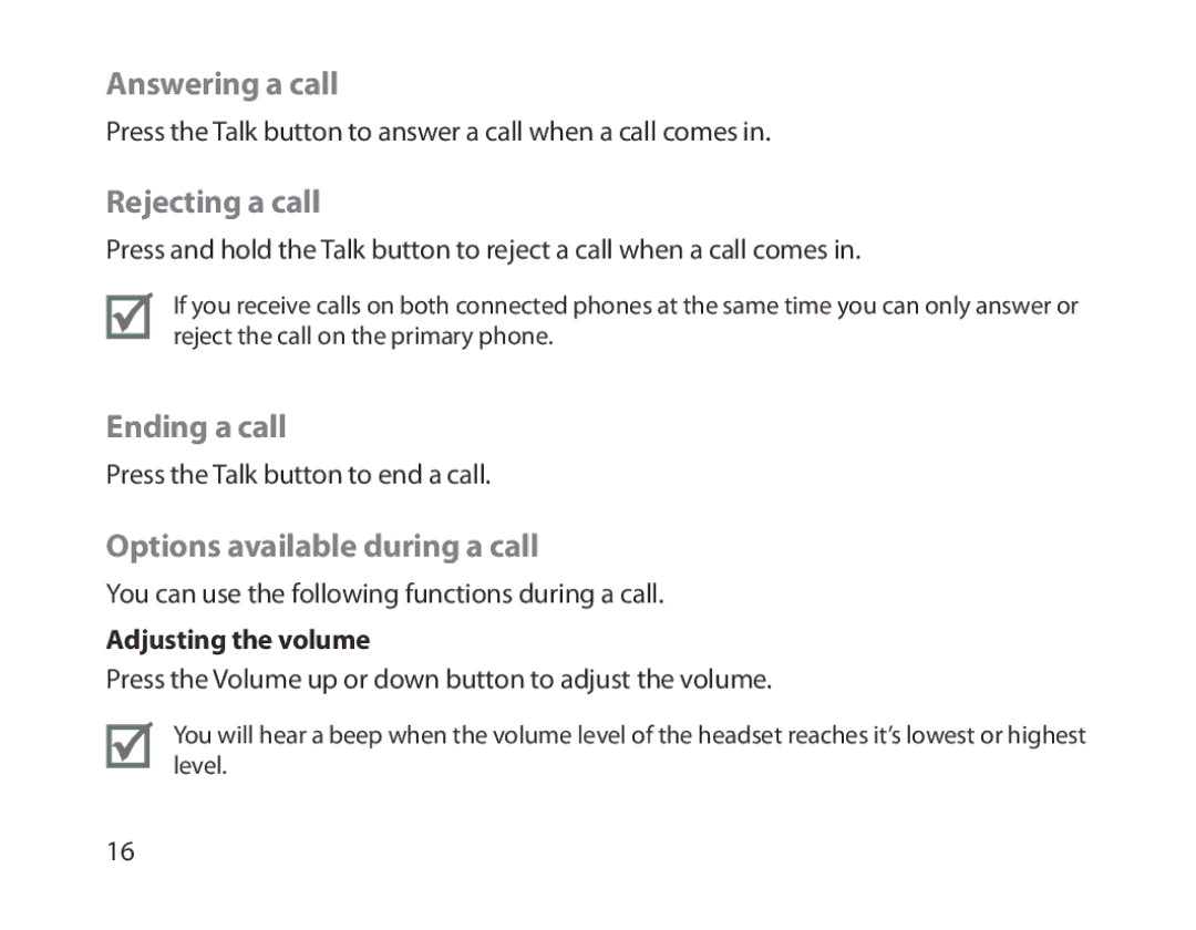 Samsung BHM1300EREGXEE, BHM1300EKEGXEG Answering a call, Rejecting a call, Ending a call, Options available during a call 