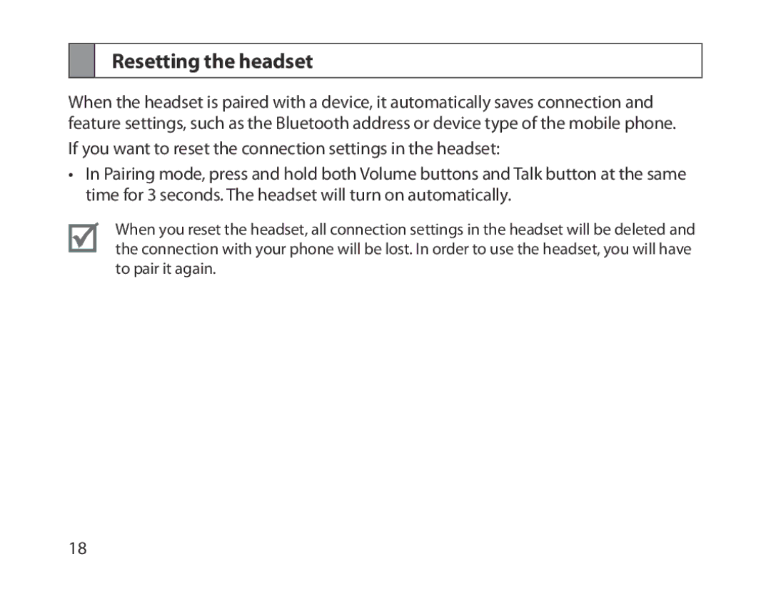 Samsung BHM1300EKEGXEG, BHM1300EREGXEG, BHM1300EWEGXEG, BHM1300EBEGXEG, BHM1300EWEGXSG, BHM1300UREGKSA Resetting the headset 