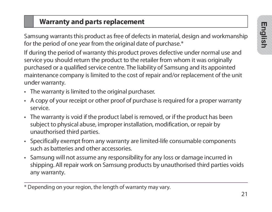 Samsung BHM1300EBEGXEG, BHM1300EKEGXEG, BHM1300EREGXEG, BHM1300EWEGXEG, BHM1300EWEGXSG manual Warranty and parts replacement 