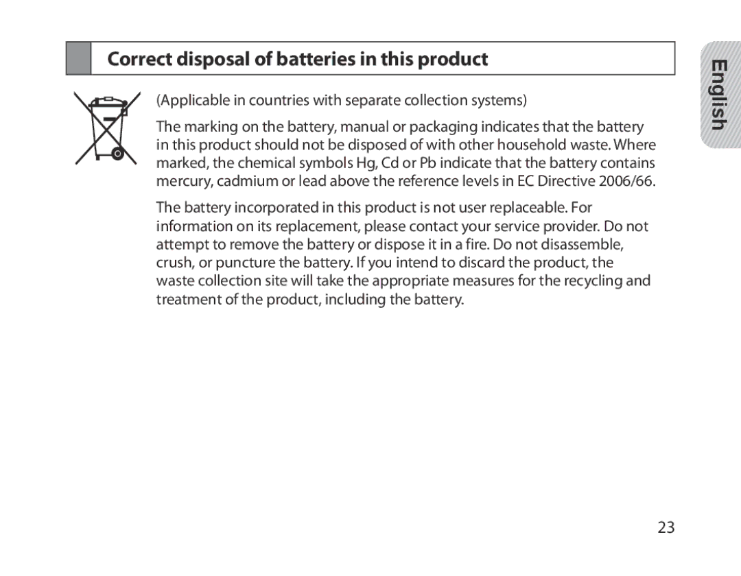 Samsung BHM1300UREGKSA, BHM1300EKEGXEG, BHM1300EREGXEG, BHM1300EWEGXEG manual Correct disposal of batteries in this product 