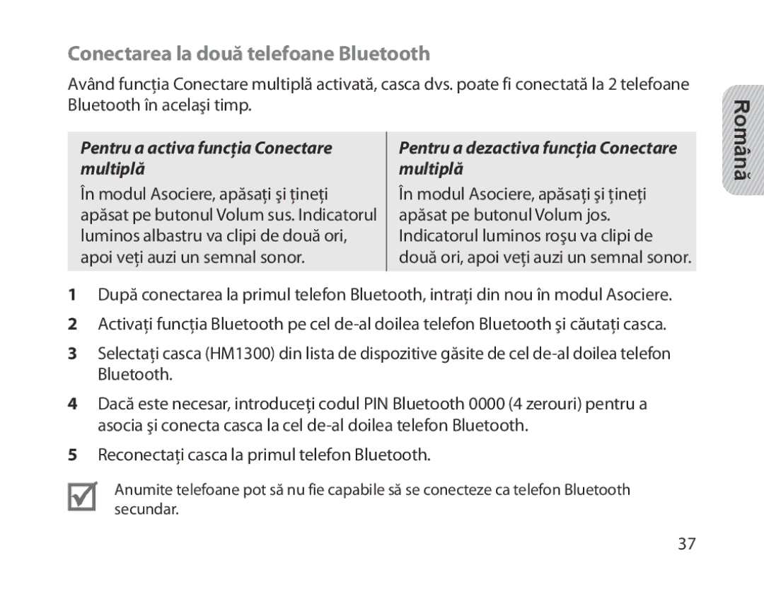 Samsung BHM1300EBEGEUR, BHM1300EKEGXEG Conectarea la două telefoane Bluetooth, Pentru a activa funcţia Conectare multiplă 