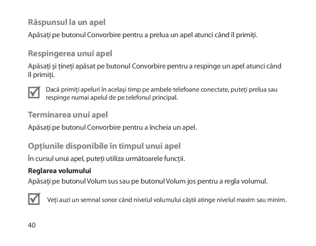 Samsung BHM1300EWEGXEG manual Răspunsul la un apel, Respingerea unui apel, Terminarea unui apel, Reglarea volumului 