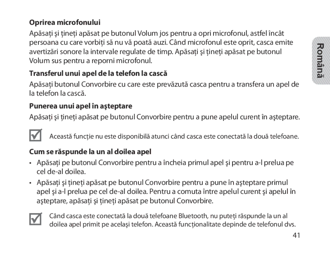 Samsung BHM1300EBEGXEG Oprirea microfonului, Transferul unui apel de la telefon la cască, Punerea unui apel în aşteptare 