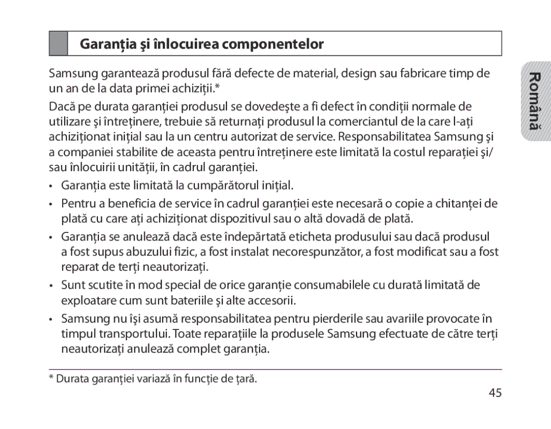 Samsung BHM1300EPEGXSG, BHM1300EKEGXEG, BHM1300EREGXEG, BHM1300EWEGXEG, BHM1300EBEGXEG Garanţia şi înlocuirea componentelor 