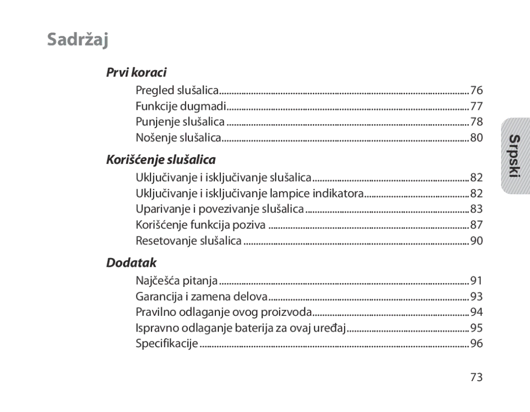 Samsung BHM1300EBEGXEE, BHM1300EKEGXEG, BHM1300EREGXEG, BHM1300EWEGXEG, BHM1300EBEGXEG, BHM1300EWEGXSG manual Sadržaj, Srpski 