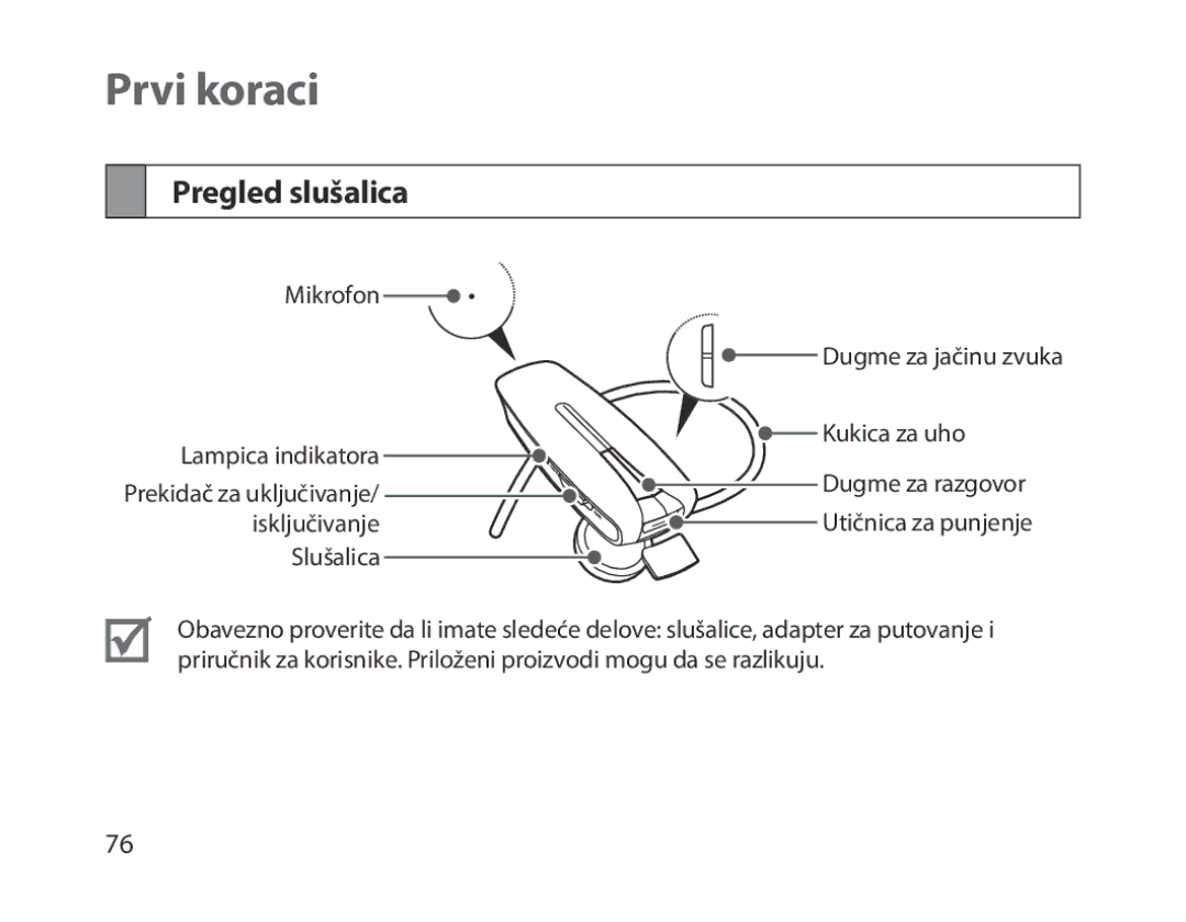 Samsung BHM1300EREGXEE, BHM1300EKEGXEG, BHM1300EREGXEG, BHM1300EWEGXEG, BHM1300EBEGXEG manual Prvi koraci, Pregled slušalica 