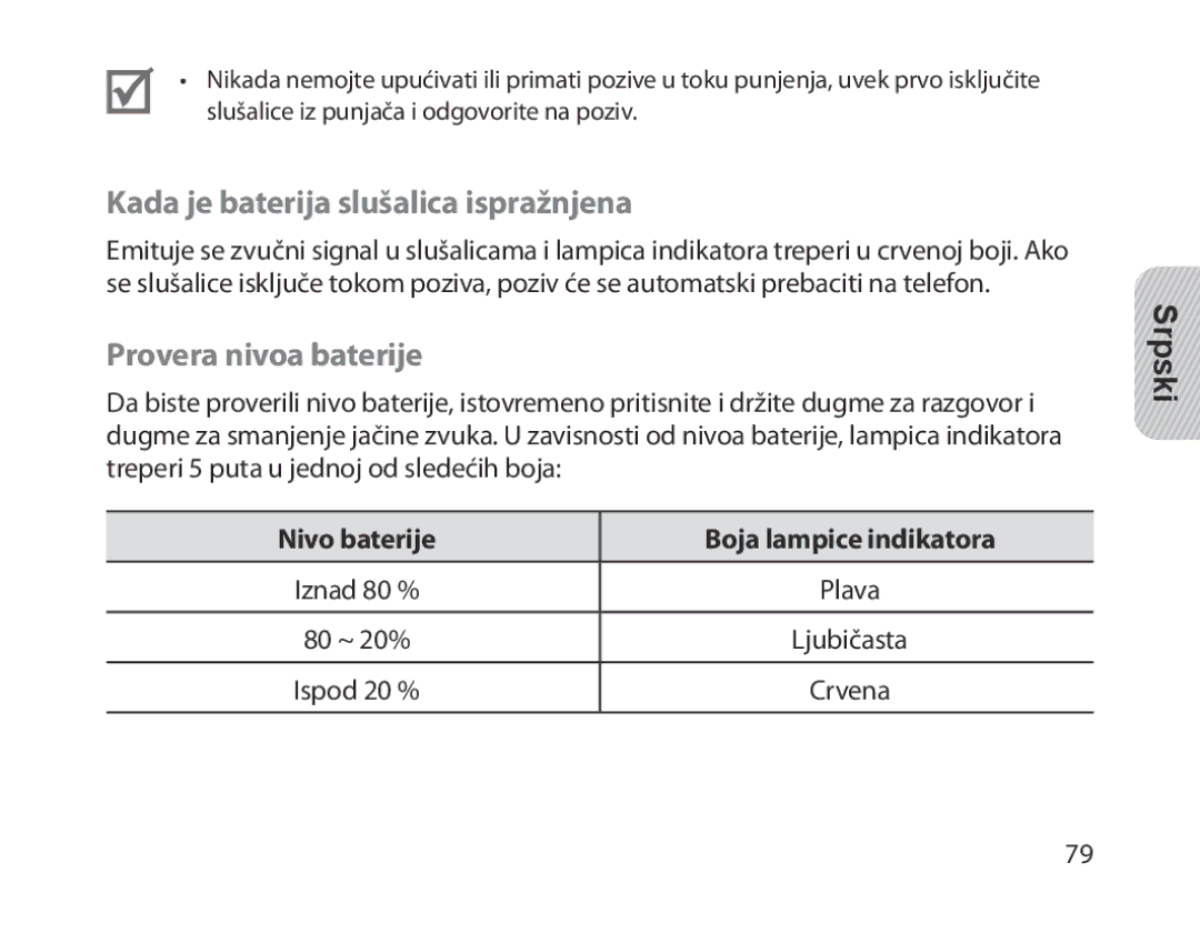 Samsung BHM1300EREGXEG, BHM1300EKEGXEG, BHM1300EWEGXEG manual Kada je baterija slušalica ispražnjena, Provera nivoa baterije 