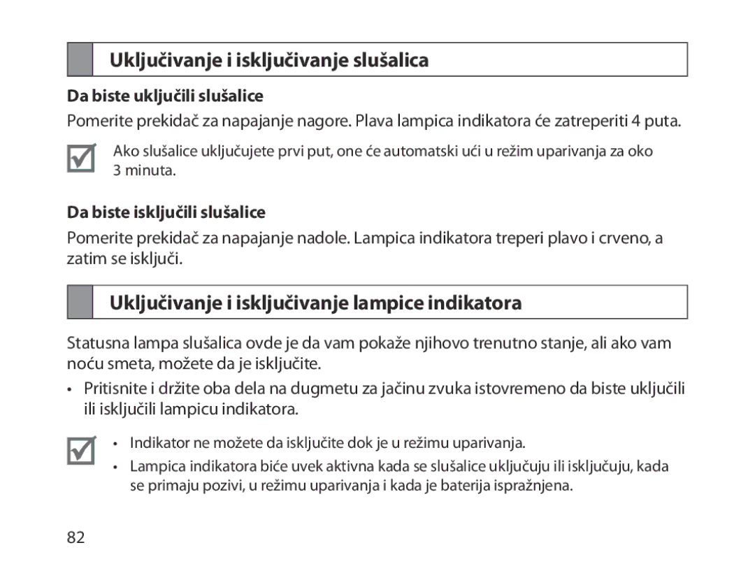 Samsung BHM1300EWEGXSG manual Uključivanje i isključivanje slušalica, Uključivanje i isključivanje lampice indikatora 