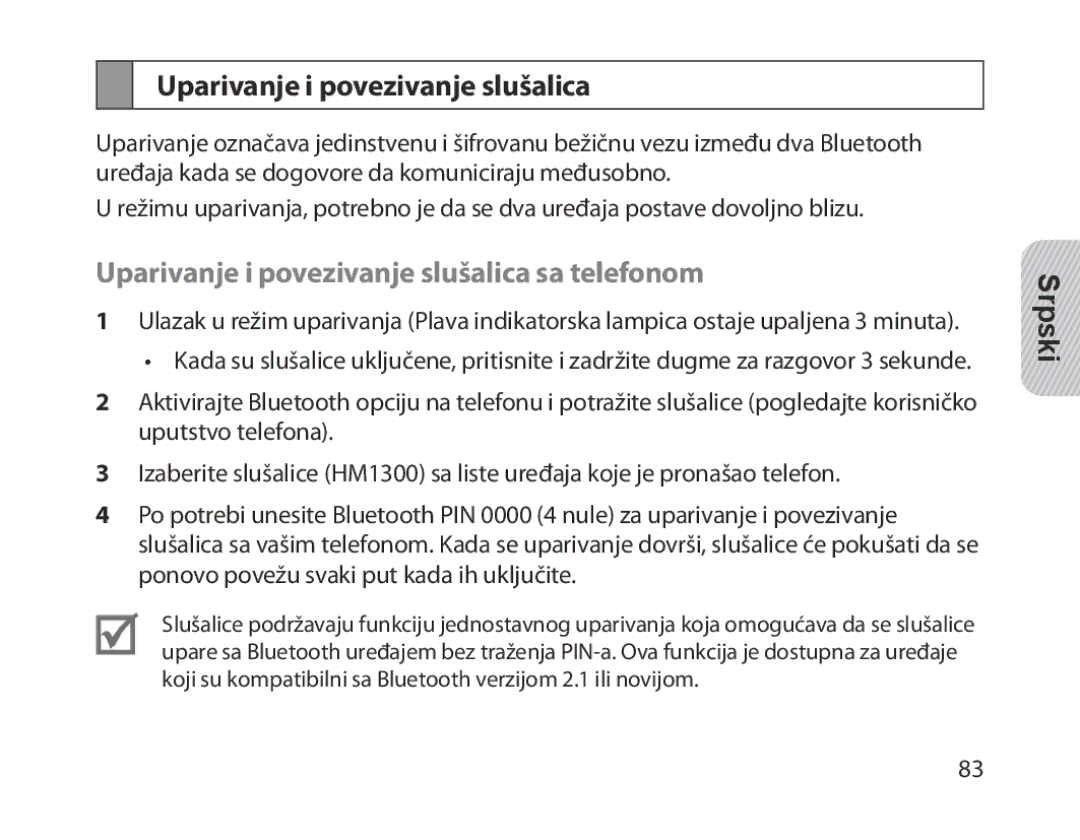 Samsung BHM1300UREGKSA, BHM1300EKEGXEG, BHM1300EREGXEG, BHM1300EWEGXEG Uparivanje i povezivanje slušalica sa telefonom 