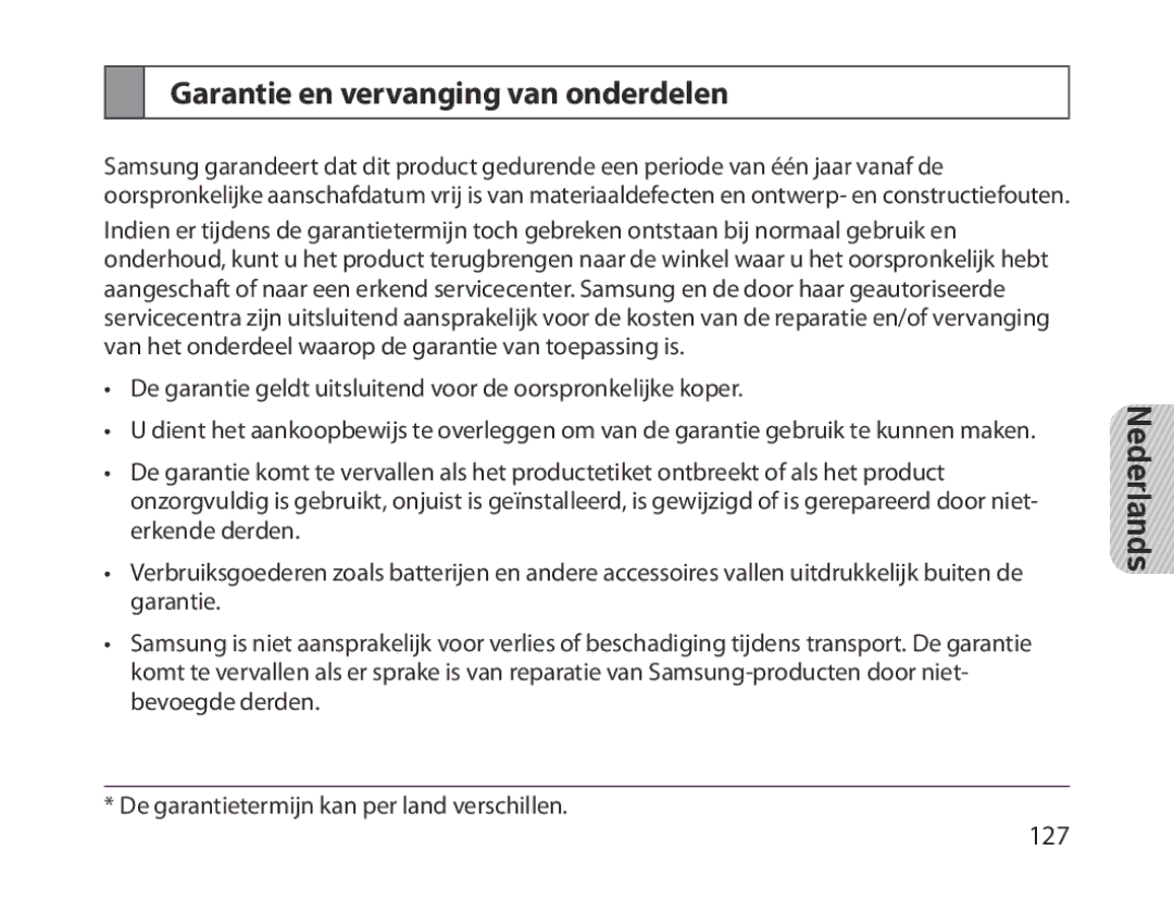 Samsung BHM1300EEEGXSG, BHM1300EKEGXEG, BHM1300EREGXEG, BHM1300EWEGXEG, BHM1300EBEGXEG Garantie en vervanging van onderdelen 