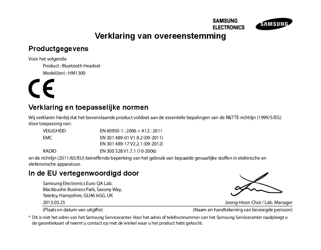 Samsung BHM1300EBEGXEV, BHM1300EKEGXEG Verklaring van overeenstemming, Productgegevens, Verklaring en toepasselijke normen 