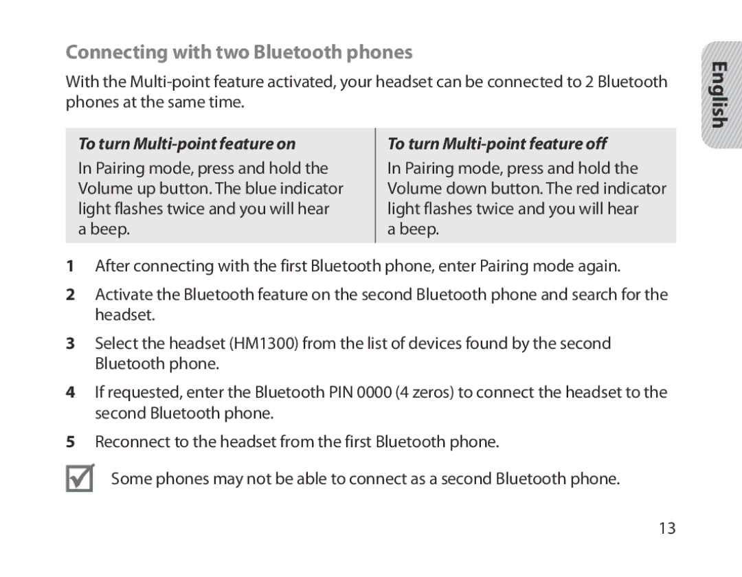 Samsung BHM1300EBEGXEE, BHM1300EKEGXEG, BHM1300EREGXEG, BHM1300EWEGXEG manual Connecting with two Bluetooth phones, English 