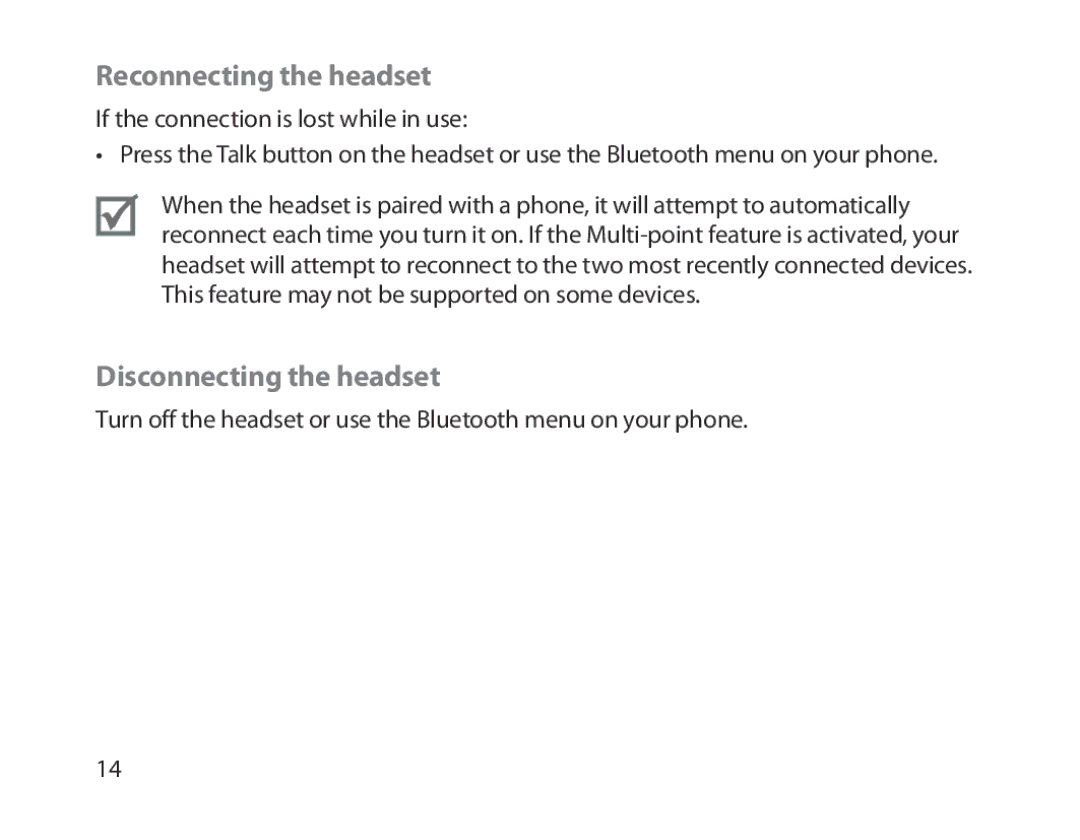 Samsung BHM1300EPEGXEE, BHM1300EKEGXEG, BHM1300EREGXEG, BHM1300EWEGXEG Reconnecting the headset, Disconnecting the headset 