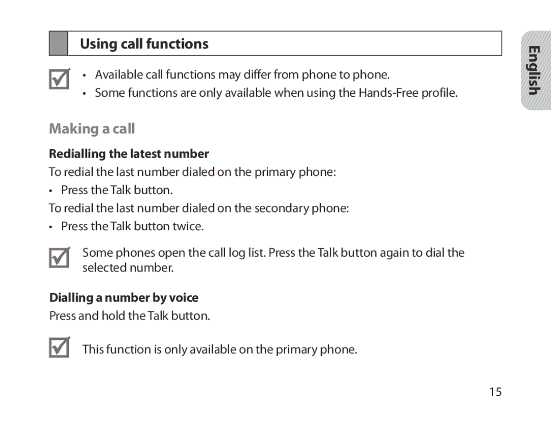 Samsung BHM1300EWEGXEE manual Using call functions, Making a call, Redialling the latest number, Dialling a number by voice 