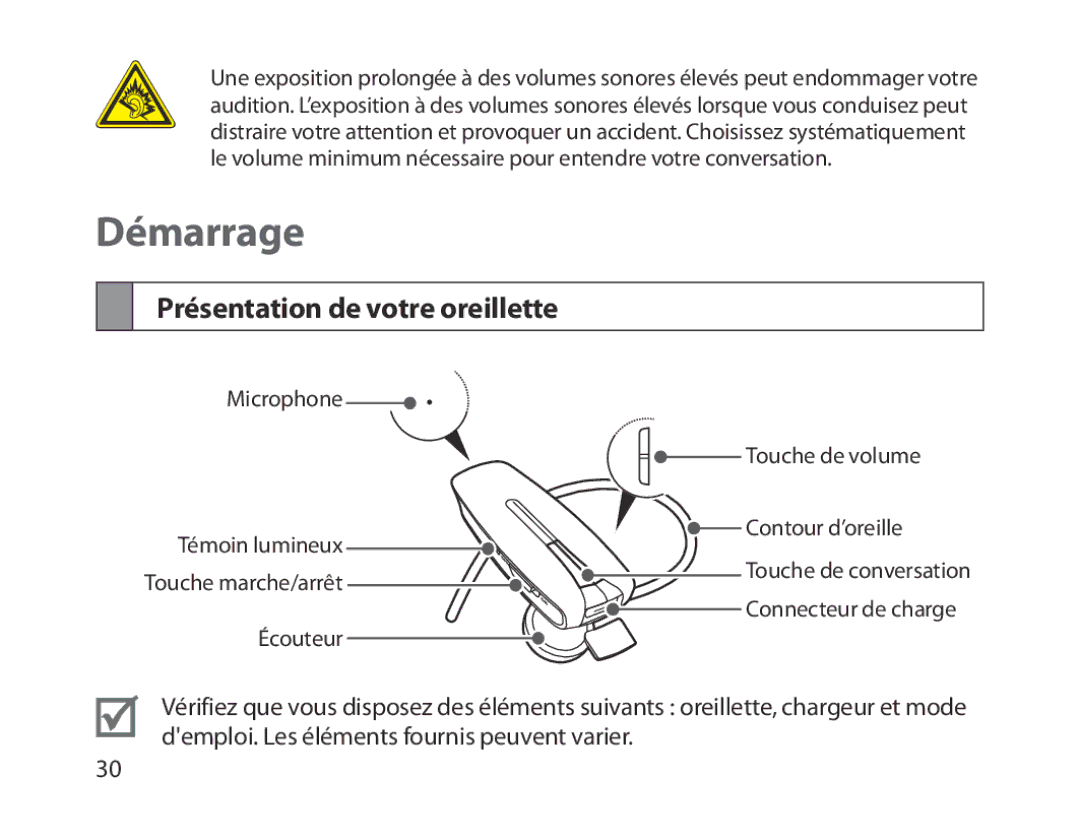 Samsung BHM1300UBEGKSA, BHM1300EKEGXEG, BHM1300EREGXEG, BHM1300EWEGXEG manual Démarrage, Présentation de votre oreillette 