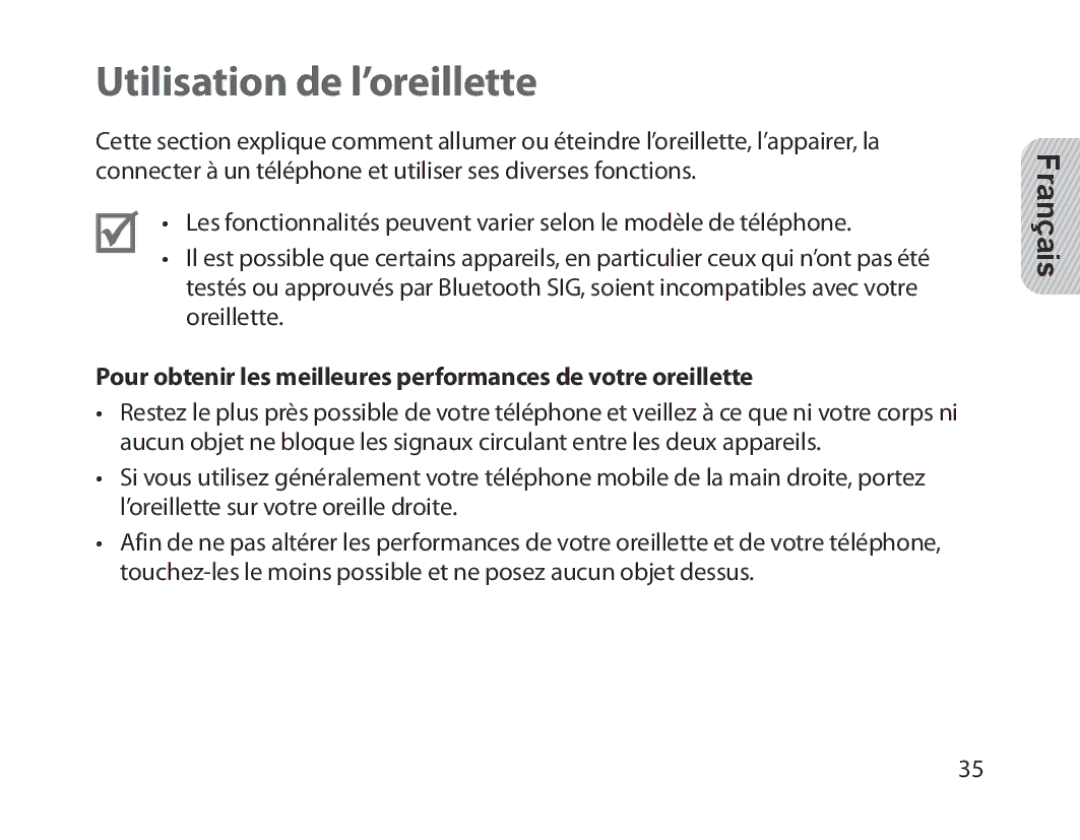 Samsung BHM1300EWEGXEE manual Utilisation de l’oreillette, Pour obtenir les meilleures performances de votre oreillette 