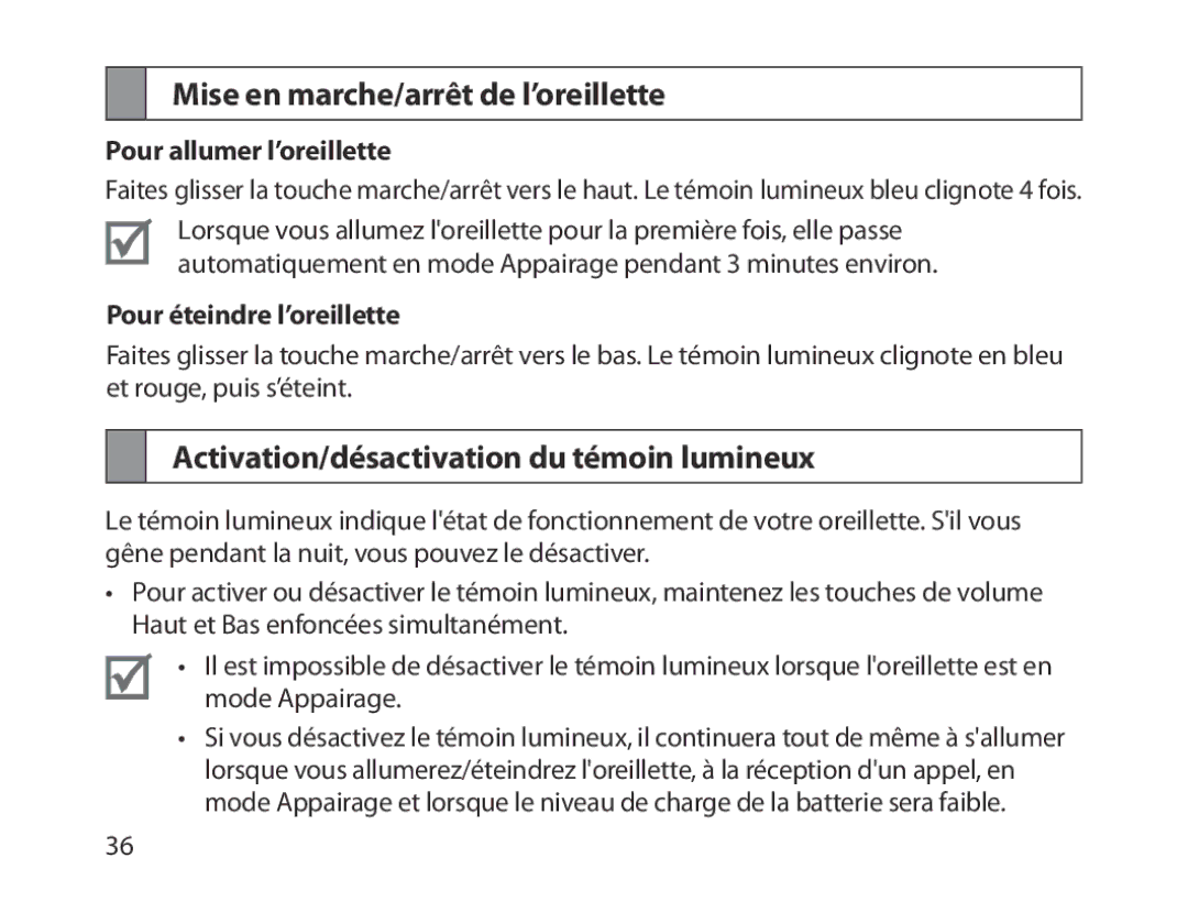 Samsung BHM1300EREGXEE, BHM1300EKEGXEG Mise en marche/arrêt de l’oreillette, Activation/désactivation du témoin lumineux 