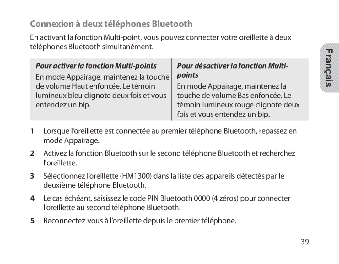 Samsung BHM1300EREGXEG, BHM1300EKEGXEG manual Connexion à deux téléphones Bluetooth, Pour activer la fonction Multi-points 