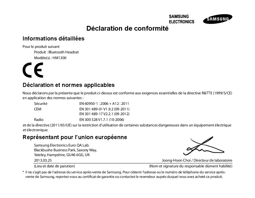 Samsung BHM1300EBEGXEV manual Déclaration de conformité, Informations détaillées, Déclaration et normes applicables 