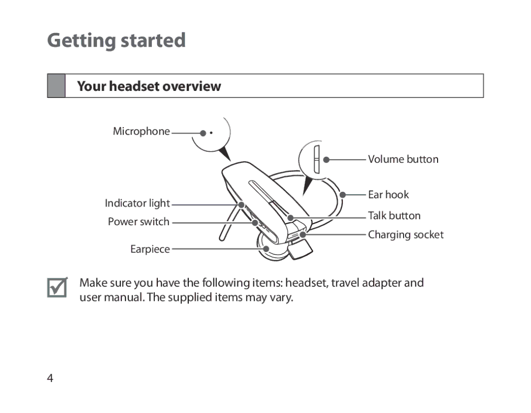 Samsung BHM1300EKEGXSG, BHM1300EKEGXEG, BHM1300EREGXEG, BHM1300EWEGXEG, BHM1300EBEGXEG Getting started, Your headset overview 