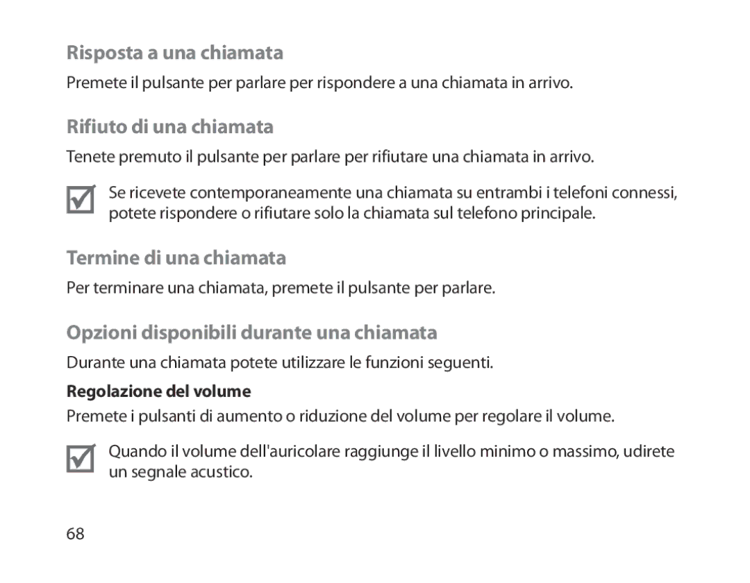 Samsung BHM1300EREGXSG Risposta a una chiamata, Rifiuto di una chiamata, Termine di una chiamata, Regolazione del volume 