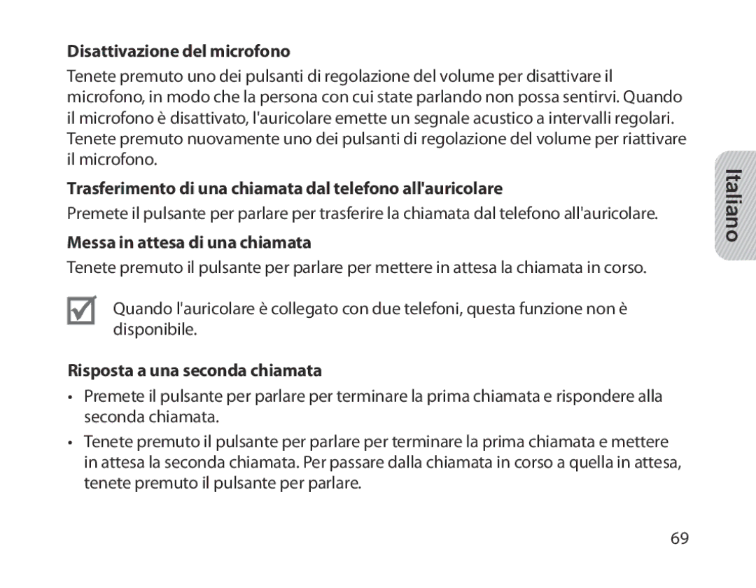 Samsung BHM1300EBEGXSG manual Disattivazione del microfono, Trasferimento di una chiamata dal telefono allauricolare 