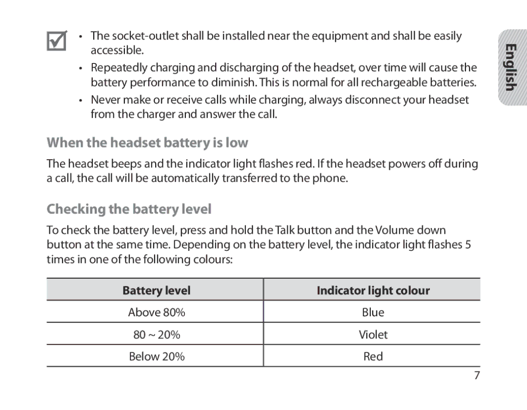 Samsung BHM1300EEEGXSG When the headset battery is low, Checking the battery level, Battery level Indicator light colour 