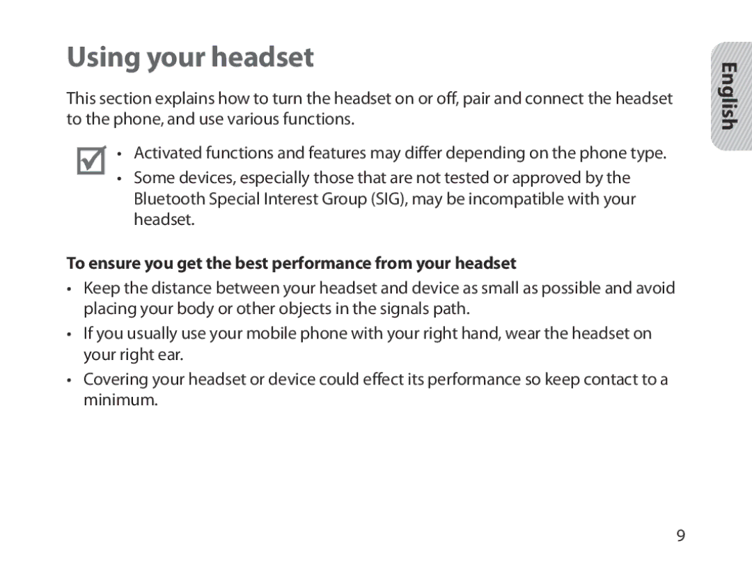 Samsung BHM1300EBEGXSG, BHM1300EKEGXEG manual Using your headset, To ensure you get the best performance from your headset 