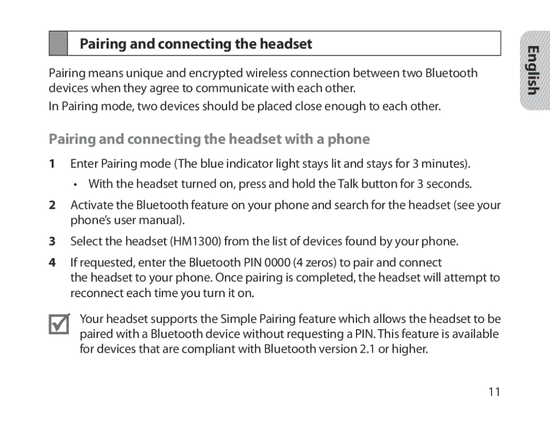 Samsung BHM1300EBEGXEV, BHM1300EKEGXEG, BHM1300EREGXEG, BHM1300EWEGXEG Pairing and connecting the headset with a phone 