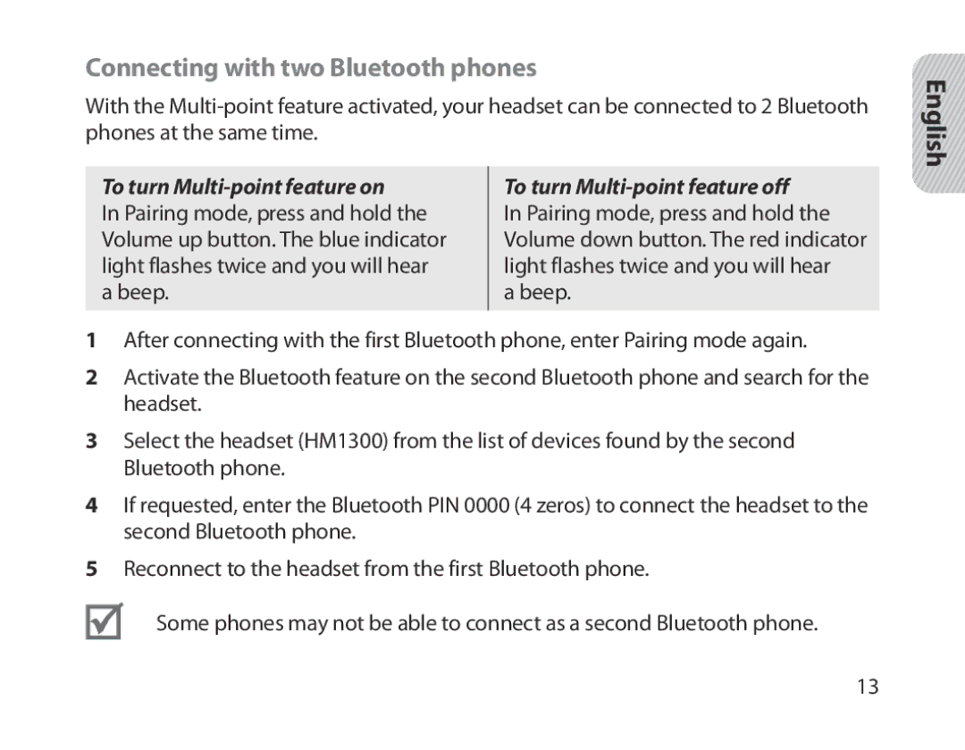 Samsung BHM1300EBEGXEE, BHM1300EKEGXEG, BHM1300EREGXEG, BHM1300EWEGXEG manual Connecting with two Bluetooth phones, English 