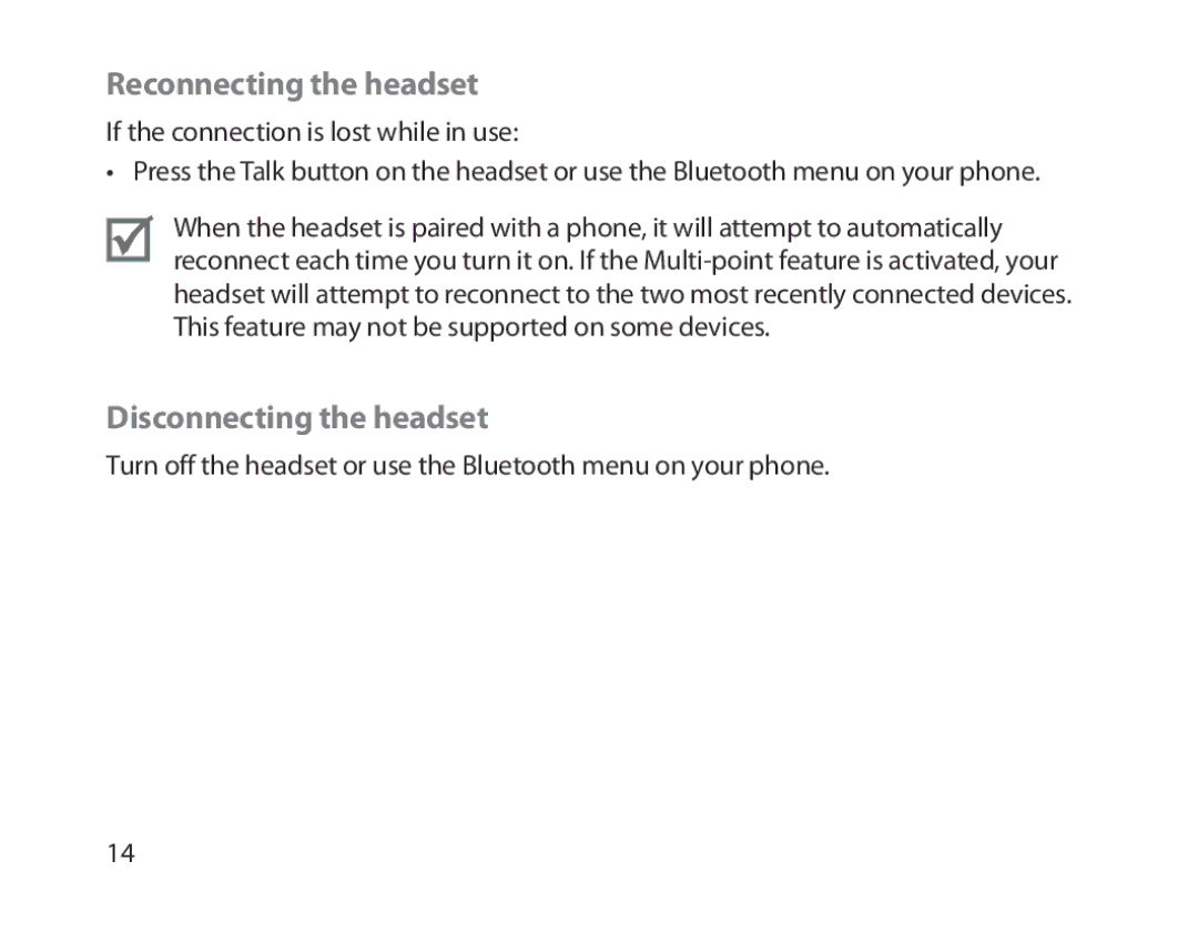 Samsung BHM1300EPEGXEE, BHM1300EKEGXEG, BHM1300EREGXEG, BHM1300EWEGXEG Reconnecting the headset, Disconnecting the headset 