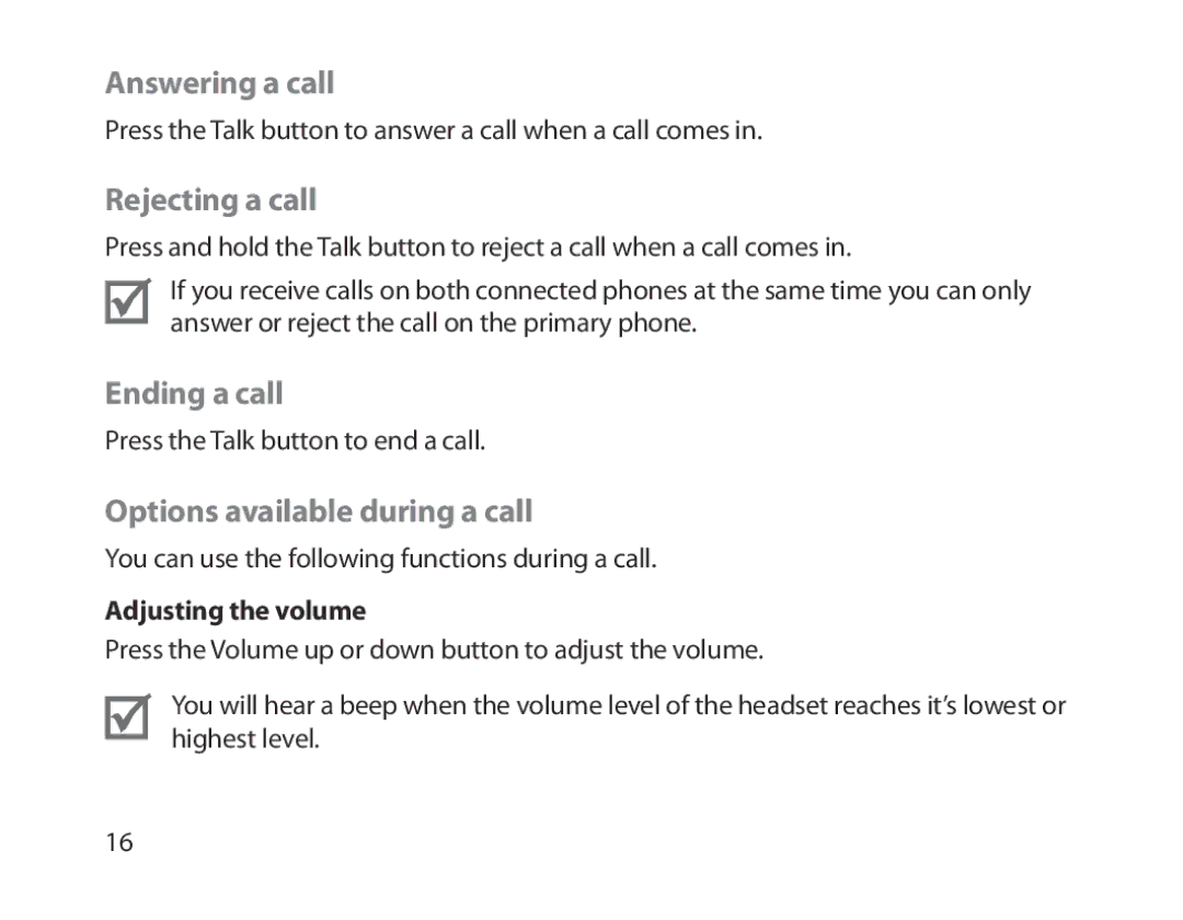 Samsung BHM1300EREGXEE, BHM1300EKEGXEG Answering a call, Rejecting a call, Ending a call, Options available during a call 