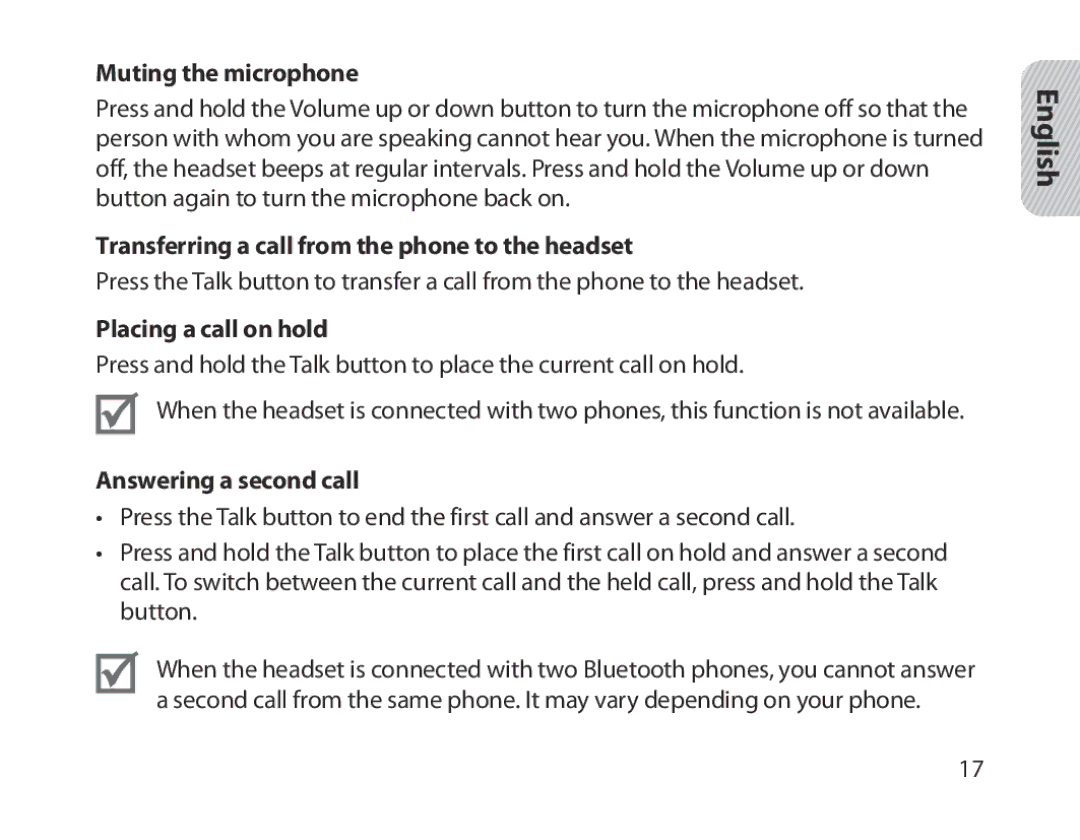 Samsung BHM1300EBEGEUR Muting the microphone, Transferring a call from the phone to the headset, Placing a call on hold 