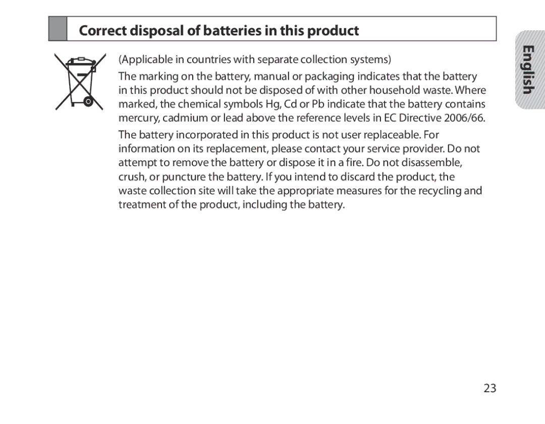 Samsung BHM1300UREGKSA, BHM1300EKEGXEG, BHM1300EREGXEG, BHM1300EWEGXEG manual Correct disposal of batteries in this product 