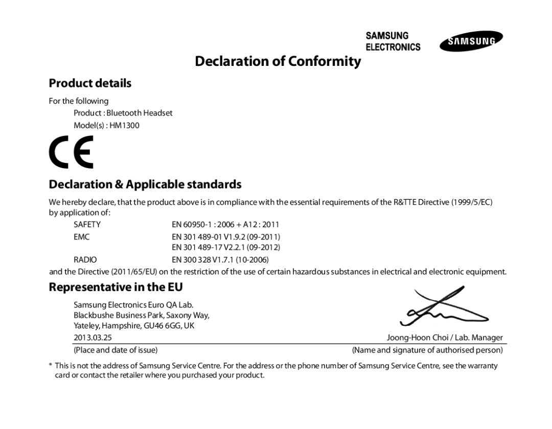 Samsung BHM1300EPEGXSG, BHM1300EKEGXEG manual Declaration of Conformity, Product details, Declaration & Applicable standards 