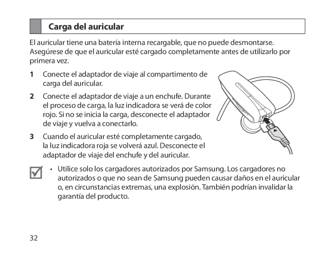 Samsung BHM1300EKEGXEE, BHM1300EKEGXEG, BHM1300EREGXEG, BHM1300EWEGXEG, BHM1300EBEGXEG, BHM1300EWEGXSG Carga del auricular 