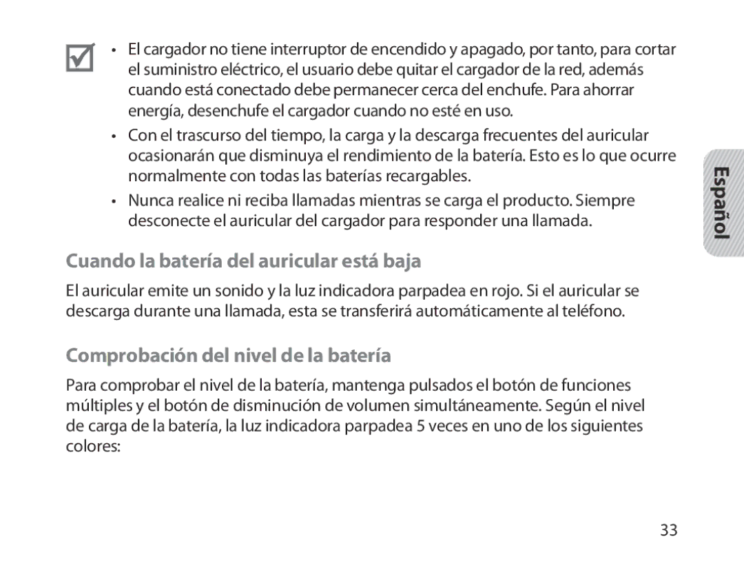 Samsung BHM1300EBEGXEE, BHM1300EKEGXEG Cuando la batería del auricular está baja, Comprobación del nivel de la batería 