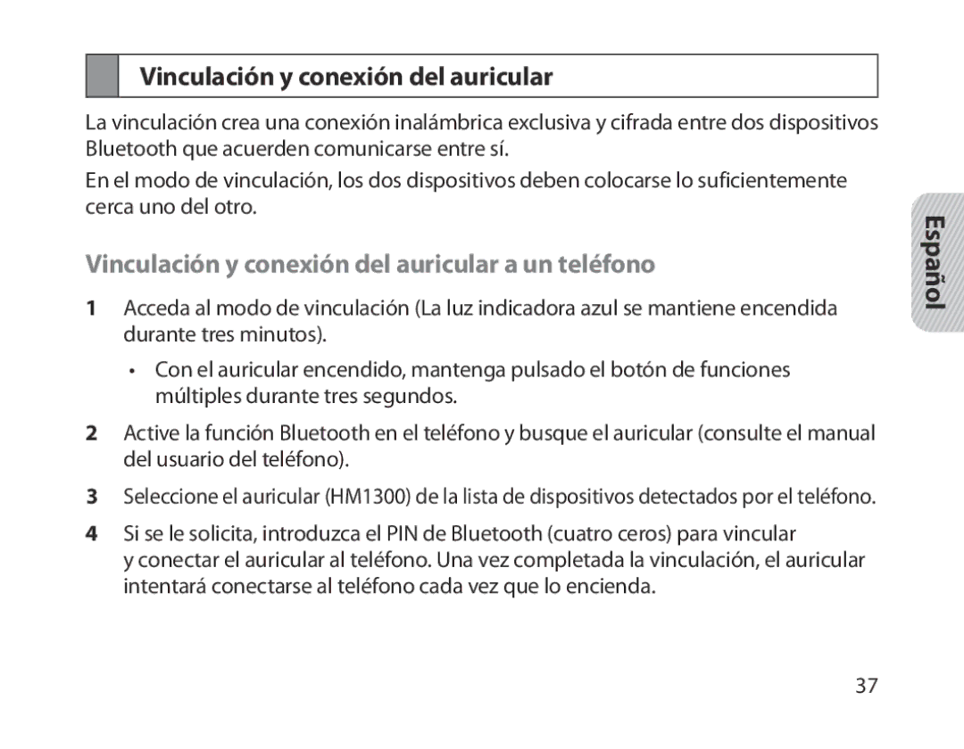 Samsung BHM1300EBEGEUR, BHM1300EKEGXEG, BHM1300EREGXEG manual Vinculación y conexión del auricular a un teléfono 