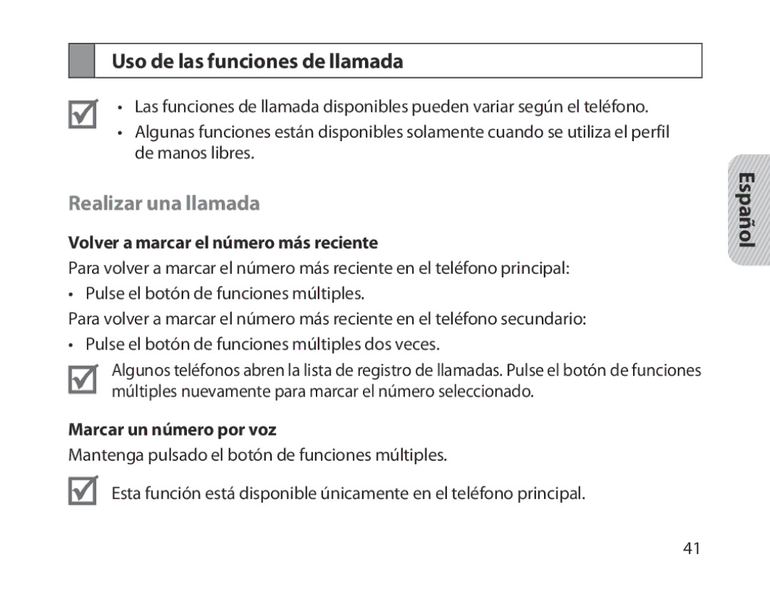 Samsung BHM1300EBEGXEG manual Uso de las funciones de llamada, Realizar una llamada, Volver a marcar el número más reciente 