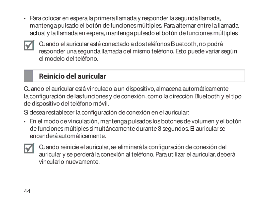 Samsung BHM1300EKEGXSG, BHM1300EKEGXEG, BHM1300EREGXEG, BHM1300EWEGXEG, BHM1300EBEGXEG, BHM1300EWEGXSG Reinicio del auricular 