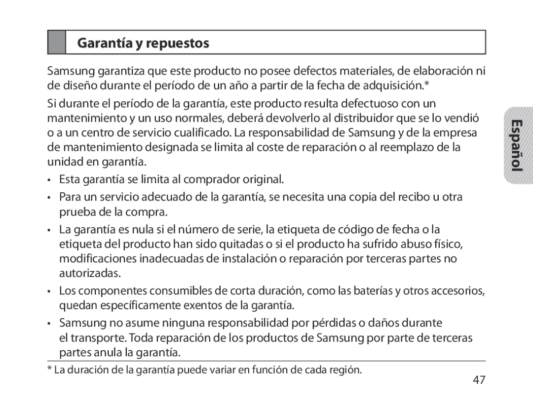 Samsung BHM1300EEEGXSG, BHM1300EKEGXEG, BHM1300EREGXEG, BHM1300EWEGXEG, BHM1300EBEGXEG, BHM1300EWEGXSG Garantía y repuestos 