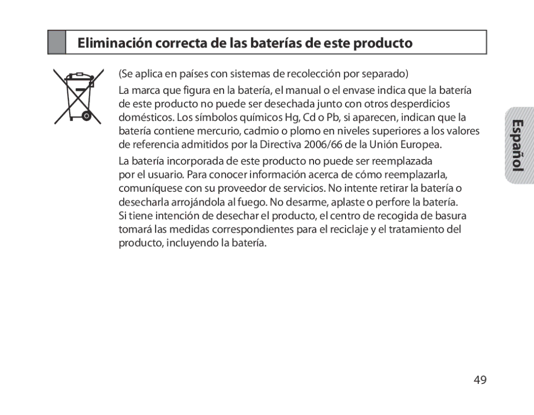 Samsung BHM1300EBEGXSG, BHM1300EKEGXEG, BHM1300EREGXEG, BHM1300EWEGXEG Eliminación correcta de las baterías de este producto 